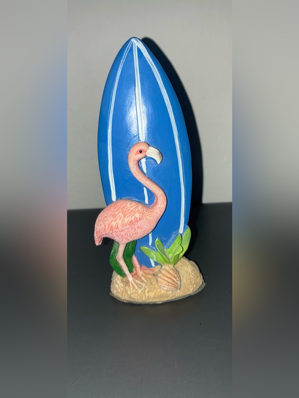 Blue Surfboard Flamingo Figurine